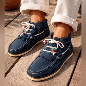 Dolfie Blue Suede Moccasin Fringe Beaded Boho Indie Shoes EU 42